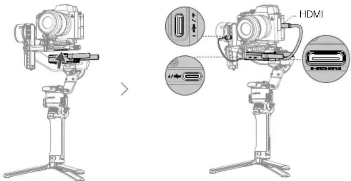 Technical diagram comparing camera assembly and HDMI connection, showing device layout and internal components with labels