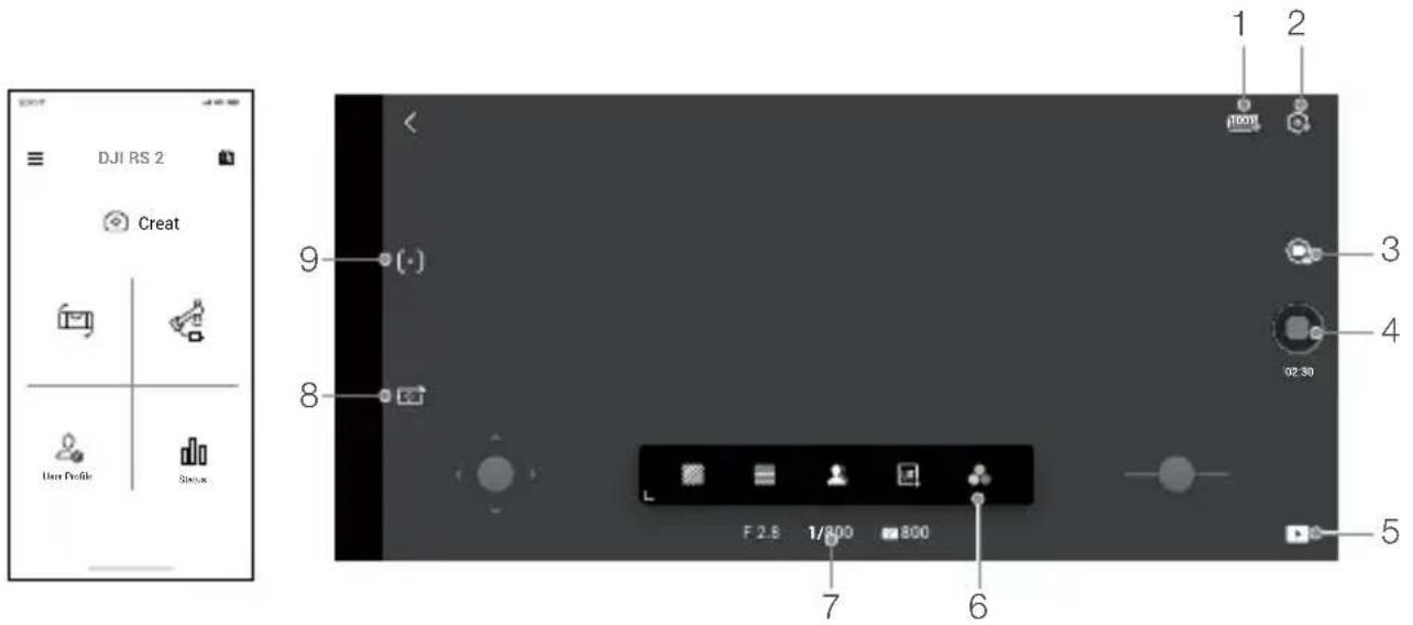 DJI RS 2 Creat User Profile Status 1 2 9 (·) 8 F 2.8 1/300 300 7 6 3 4 02:30 5