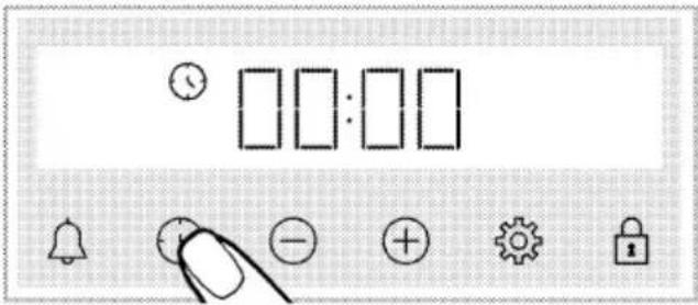 Interface de contrôle à affichage numérique avec horloge, minuterie et icônes de fonction incluant cloche, moins, plus, engrenage, cadenas