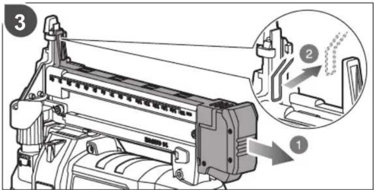 Technical diagram of a printer with labeled parts and an inset showing mechanical assembly steps