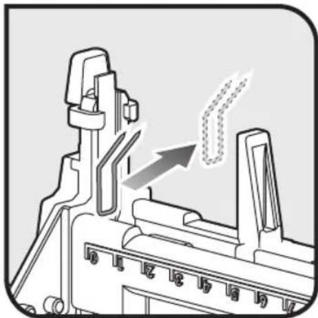 Mechanical assembly diagram showing a clamping mechanism with motion arrows (no text or symbols)