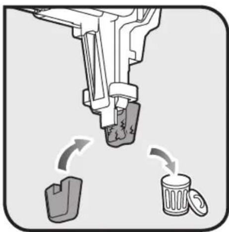 Diagram showing a mechanical device with two waste bins and arrows indicating flow direction (no text or symbols)
