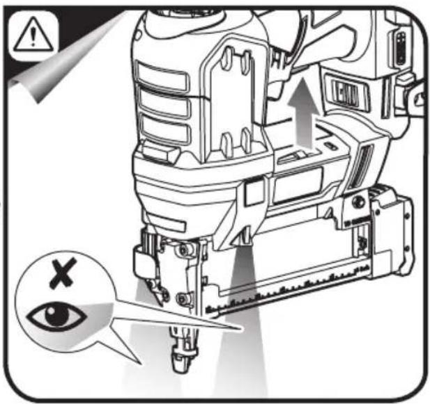 Diagram of a robotic device with warning symbols and an eye icon, showing mechanical components and detection indicators.