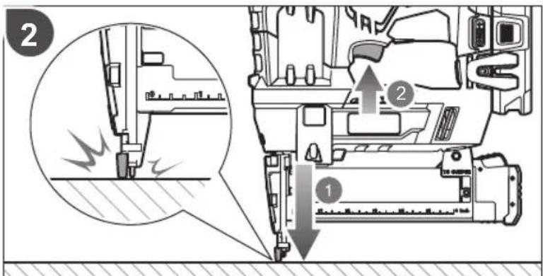 Technical diagram illustrating a machining process with labeled steps 1 and 2, showing tool path and motion indicators.