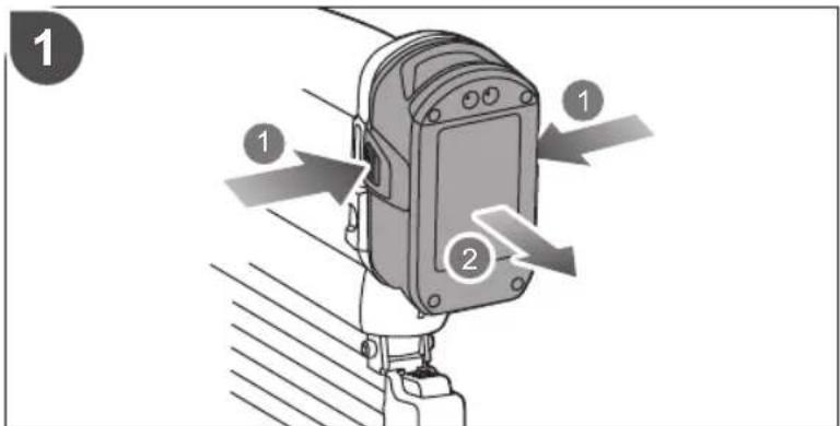 Diagram of a device with numbered components and directional arrows indicating motion or flow