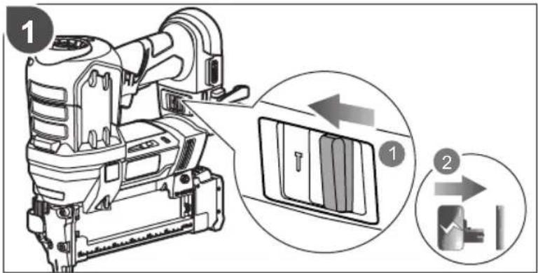 Technical diagram showing a mechanical device with labeled parts and directional arrows indicating assembly or process steps.