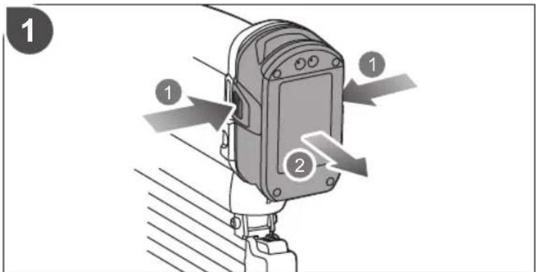 Diagram of a device with labeled parts and directional arrows indicating motion or flow