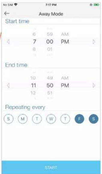 No SIM 2:17 PM Away Mode Start time 6 59 AM 7 00 PM 8 01 End time 10 49 AM 11 50 PM 12 51 Repeating every S M T W T F S START
