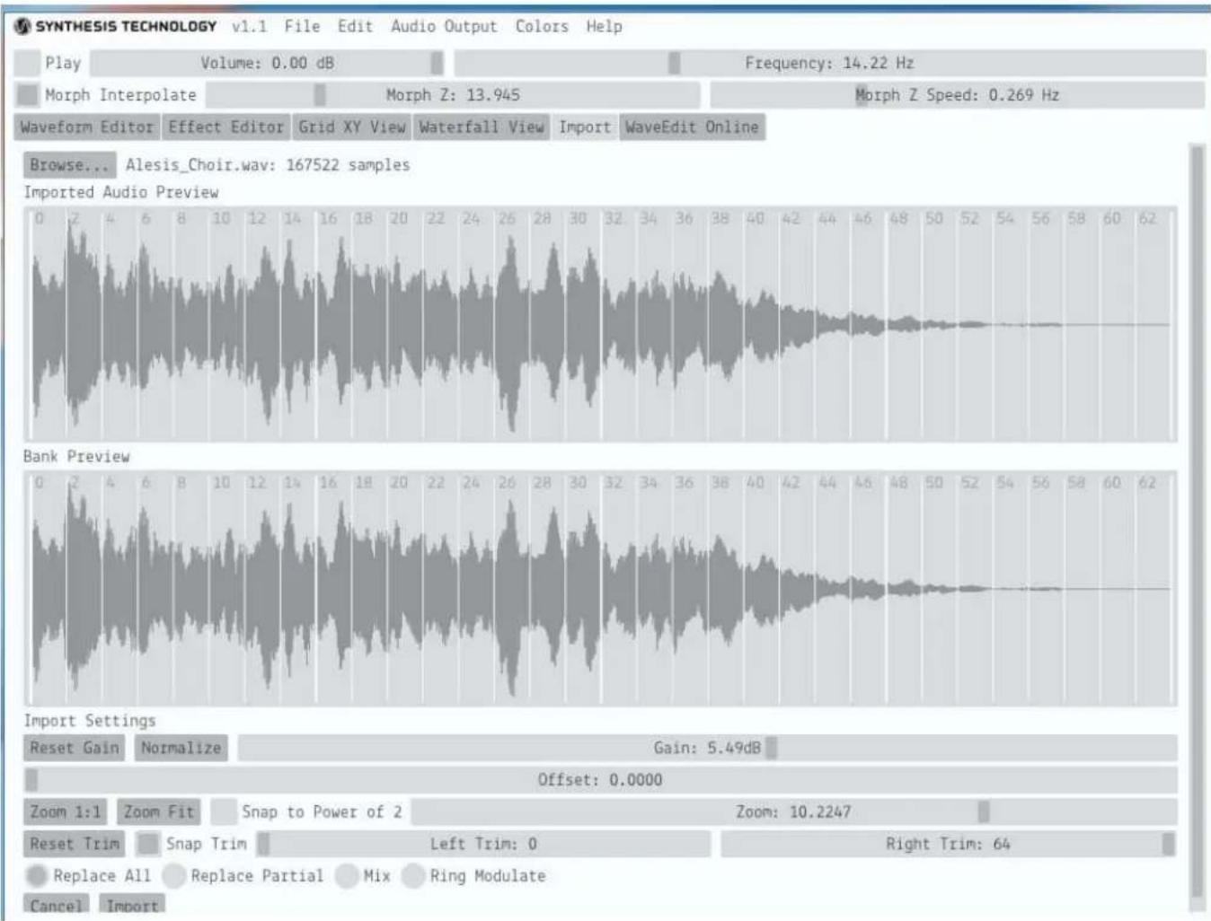 | Parameter | Value | |-----------------------|-----------| | Volume | 0.00 dB | | Frequency | 14.22 Hz | | Morph Interpolate | - | | Morph Z | 13.945 | | Morph Z Speed | 0.269 Hz | | Waveform Editor | - | | Effect Editor | - | | Grid XY View | - | | Waterfall View | - | | Import | - | | WaveEdit On…