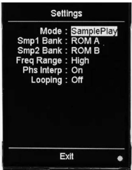 Settings Mode : SamplePlay Smp1 Bank : ROM A Smp2 Bank : ROM B Freq Range : High Phs Interp : On Looping : Off Exit