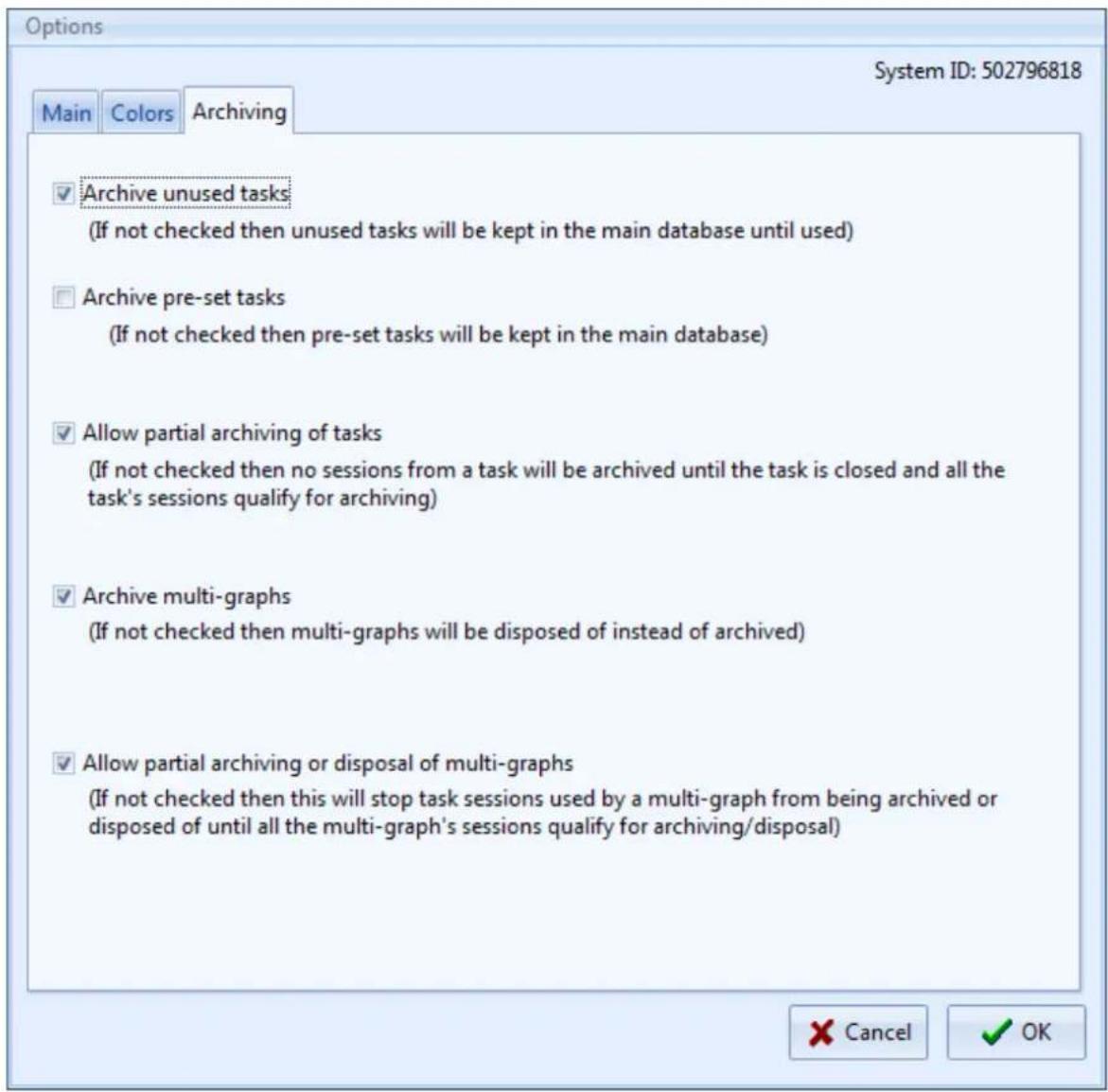 Options System ID: 502796818 Main Colors Archiving ✓ Archive unused tasks (If not checked then unused tasks will be kept in the main database until used) ☐ Archive pre-set tasks (If not checked then pre-set tasks will be kept in the main database) ✓ Allow partial archiving of tasks (If not checked t…