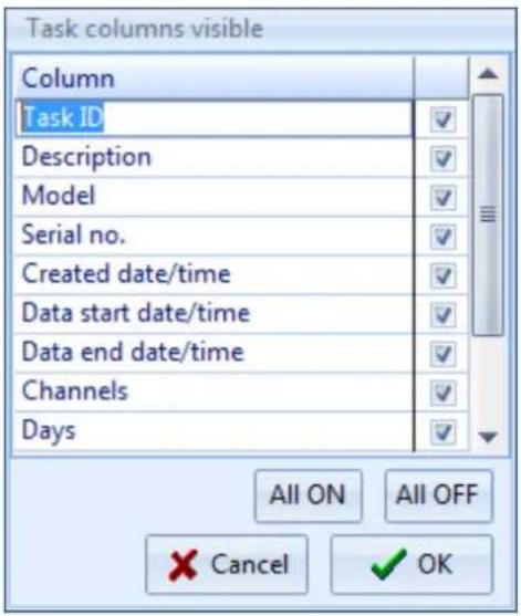 Task columns visible Column Task ID Description Model Serial no. Created date/time Data start date/time Data end date/time Channels Days All ON All OFF Cancel OK