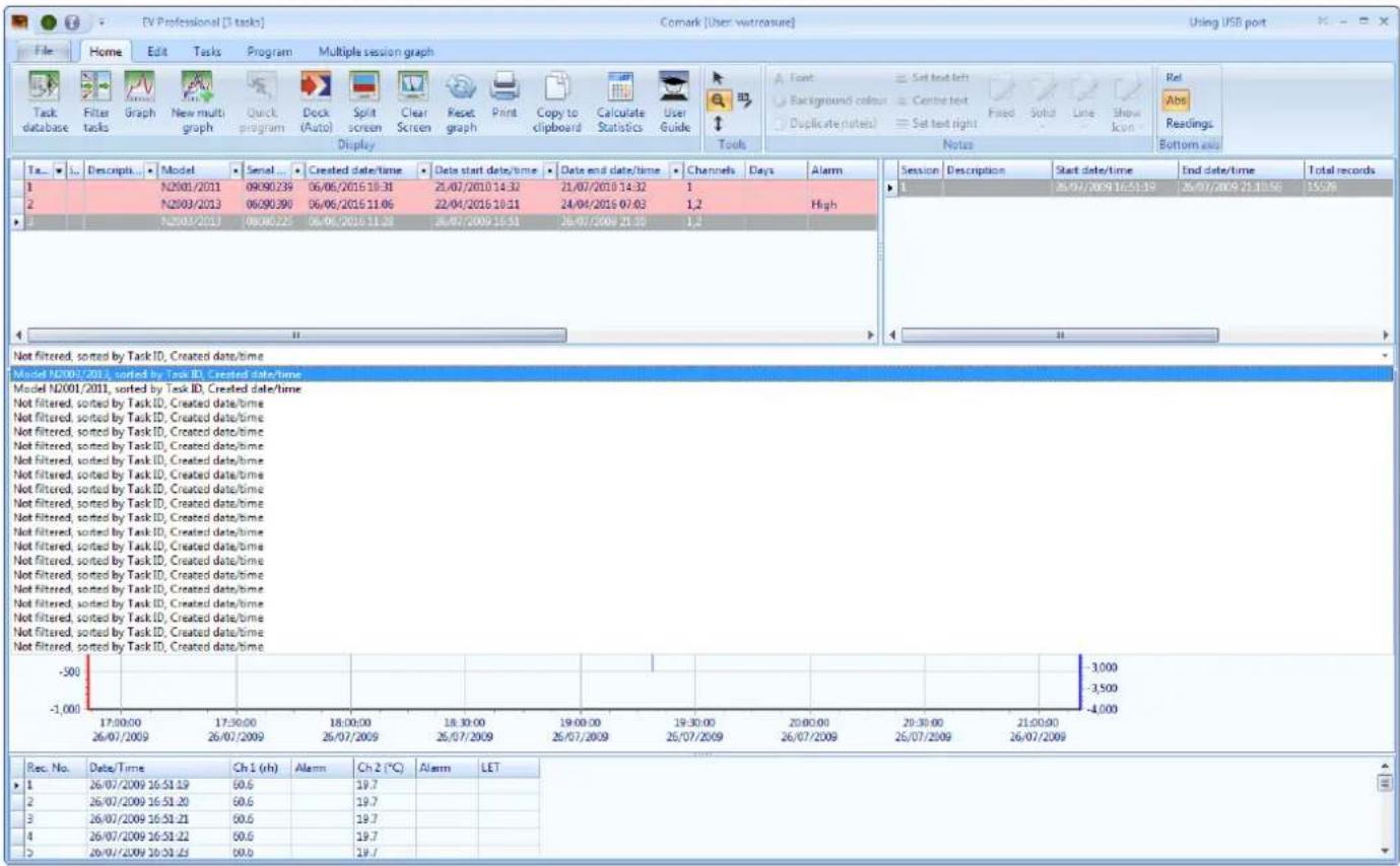EV Professional [3 tasks] Comark [User: vitreasure] Using USB port File Home Edit Tasks Program Multiple session graph Task database Filter tasks Graph New multi graph Quick program Dock (Auto) Split screen Clear Screen Reset graph Print Copy to clipboard Calculate Statistics User Guide Tools Action…
