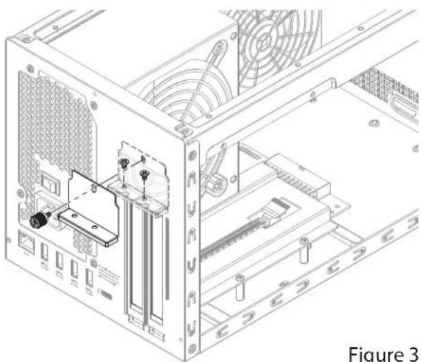 Technical line drawing of a computer tower internal structure showing drive bays and fan array (no text or symbols)