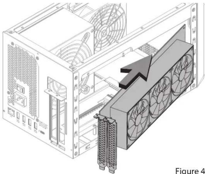 Diagram of a computer tower internal structure showing fan array and drive slots (no text or labels)