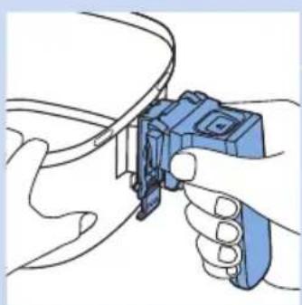 Illustration of hands using a handheld device to interact with a cable (no text or symbols visible)