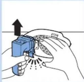 Illustration of a hand holding a blue mechanical device with an upward arrow, emitting powder or spray (no text or symbols)