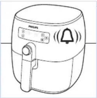 Line drawing of a Philips air fryer with a bell icon and control buttons (no text or symbols on the device itself)