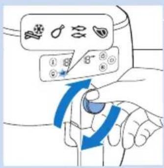 Diagram showing a hand pressing down on a device with icons and blue arrows indicating motion or change.