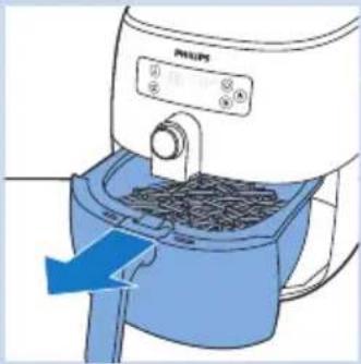 Illustration of a Philips air fryer with a blue handle and arrow indicating airflow direction (no text or symbols)