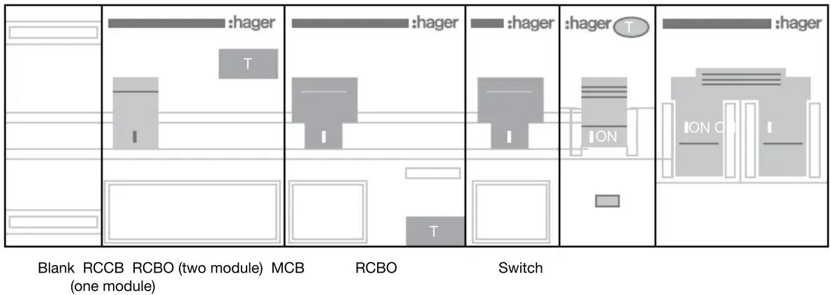Blank RCCB RCBO (two module) MCB (one module) :hager :T :hager :T :hager :T ICN :T :hager :ICN :T RCBO Switch