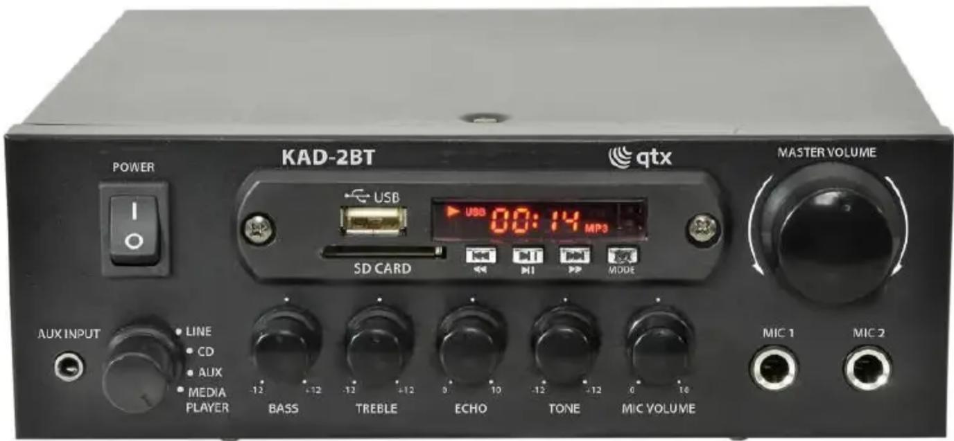 POWER KAD-2BT qtx USB 00:14 MP3 SD CARD M1 MODE MASTER VOLUME AUX INPUT LINE CD AUX MEDIA PLAYER BASS TREELE ECHO TONE MIC VOLUME MIC 1 MIC 2