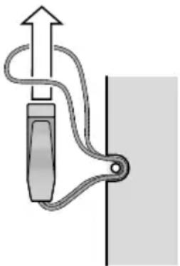 Diagram of a mechanical device with an upward arrow and rope, no text or symbols present