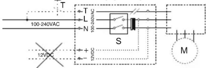 T 100-240VAC T L N 100-240VAC S 12VDC + - 12VDC M