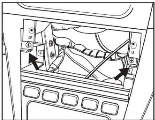 Interior view of an airplane cabin showing flight deck and seatbelt mechanism (no text or symbols)