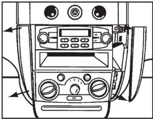 Diagram of an automotive air conditioning unit with labeled controls and directional arrows indicating airflow or movement.