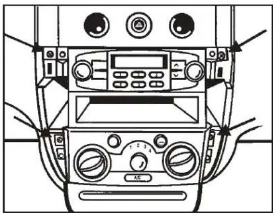 Top-down line drawing of a car air conditioning unit with controls and dials (no text or symbols)