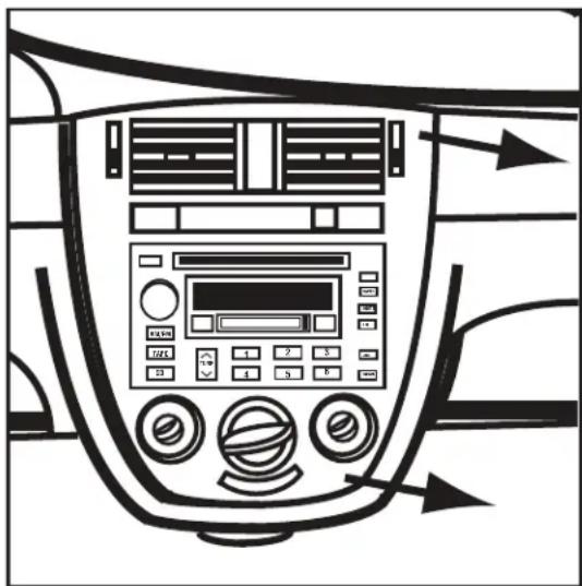 Top-down line drawing of a car dashboard with air filters and control buttons (no text or symbols)