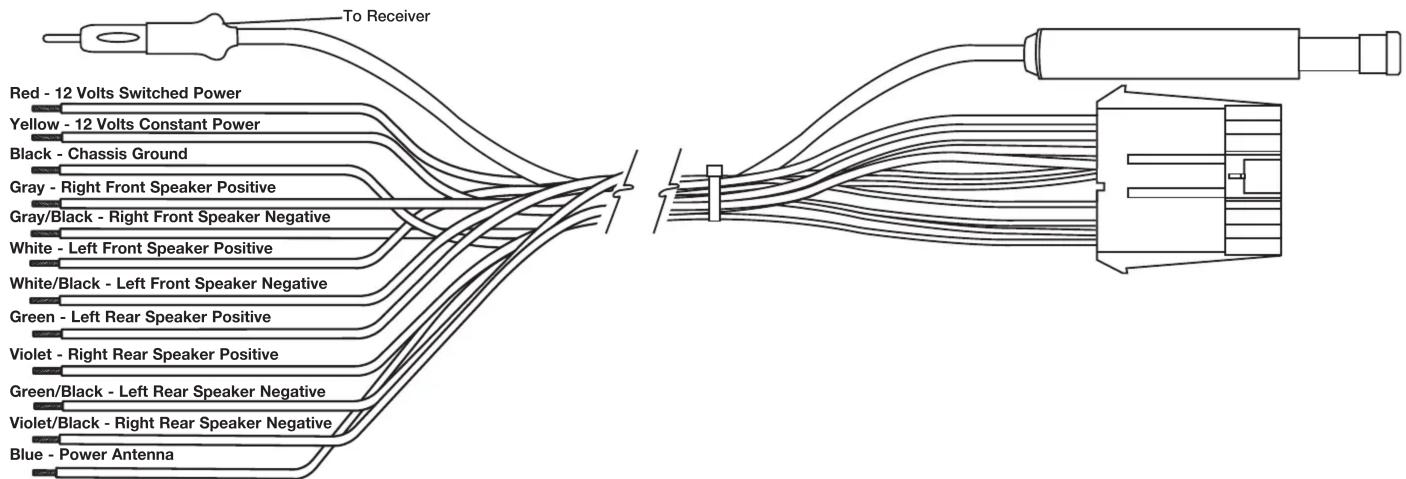 graph TD A["Terminal"] --> B["To Receiver"] B --> C["Red - 12 Volts Switched Power"] B --> D["Yellow - 12 Volts Constant Power"] B --> E["Black - Chassis Ground"] B --> F["Gray - Right Front Speaker Positive"] B --> G["Gray/Black - Right Front Speaker Negative"] B --> H["White - Left Front Speaker P…