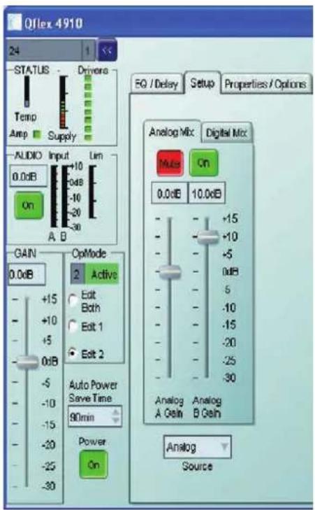 Qflex 4910 24 STATUS Temp Amp Supply Drivore ALUDIO Input Lim 0.0dB On A B Gain 0.0dB +15 +10 +5 0dB -5 -10 -15 -20 -25 -30 OpMode 2 Active Edit Both Edit 1 Edit 2 Auto Power Save Time 90min Power On Analog Mix Digital Mix Multi On 0.0dB 10.0dB +15 +10 +5 0dB 5 -10 -15 -20 -25 -30 Analog Analog A Gain B Gain Analog Source