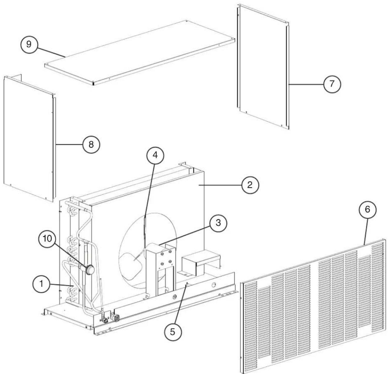 Technical diagram of an air conditioning unit with numbered components for identification