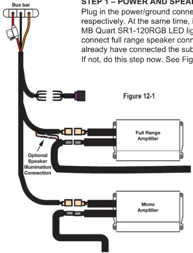 Bus bar STEP 1 - POWER AND SPEAK Plug in the power/ground connes respectively. At the same time, i MB Quart SR1-120RGB LED light connect full range speaker conn already have connected the sub If not, do this step now. See Fig Figure 12-1 Full Range Amplifier Optional Speaker Illumination Connection Mono Amplifier