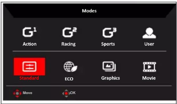 モード G¹ アクション G² レーシング スポーツ G³ ユーザー 標準 エコ グラフィックス ムービー 移動 OK