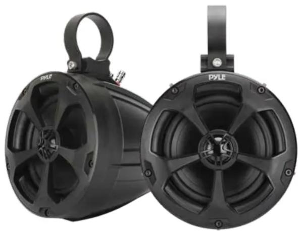 Two black PYLE speakers with visible fan blades and a handle, shown from different angles (no text or symbols on the devices themselves)