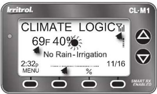 Irritrol. CL-M1 CLIMATE LOGICY 69F 40° No Rain-Irrigation 2:32p MENU 11/16 % SMART RX ENABLED