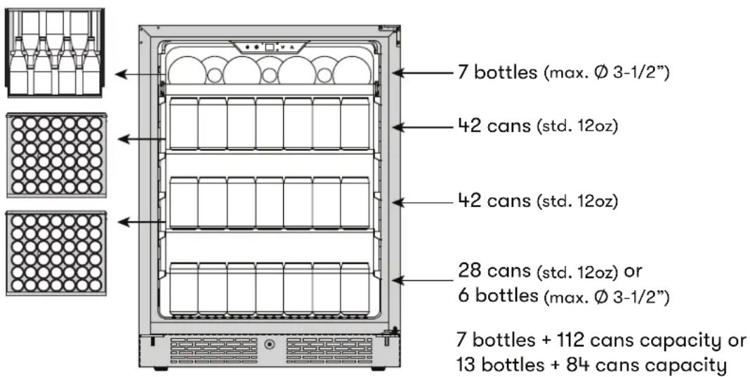 7 bottles (max. Ø 3-1/2") 42 cans (std. 12oz) 42 cans (std. 12oz) 28 cans (std. 12oz) or 6 bottles (max. Ø 3-1/2") 7 bottles + 112 cans capacity or 13 bottles + 84 cans capacity