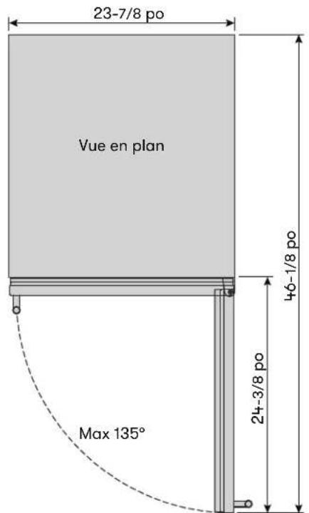 23-7/8 po Vue en plan 46-1/8 po Max 135° 24-3/8 po