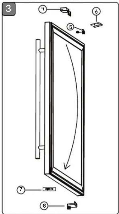 Diagram of a door frame with numbered parts and directional arrows indicating movement or rotation.