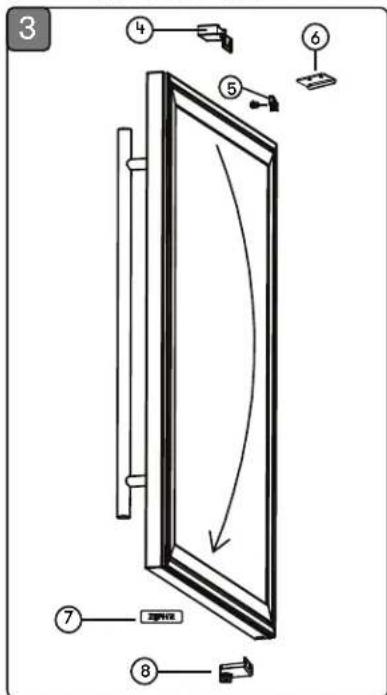 Diagram of a door frame with numbered parts and directional arrows indicating movement or rotation.