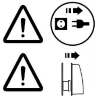 Warning symbols and electrical hazard icons including warning signs, electrical plug, and safety symbols