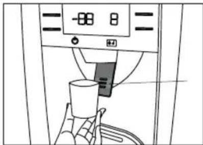 Line drawing of a coffee maker with a cup and hand holding a tray (no text or symbols)