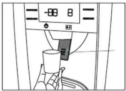Diagram of a coffee machine with digital display and cup, showing control panel and tray area