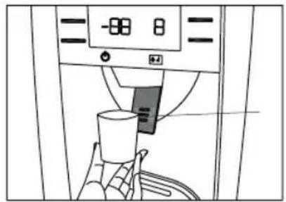 Line drawing of a coffee maker with a cup and side counter (no text or symbols)