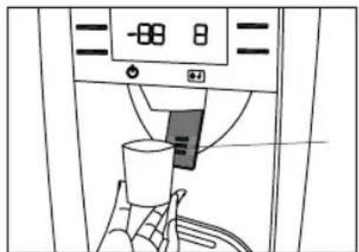 Diagram of a coffee maker with digital counter and cup, showing temperature reading and warning label