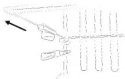 Simple line drawing of a sewing machine needle with a pointer and fabric pattern (no text or symbols)