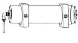Technical line drawing of a cylindrical mechanical component with mounting flanges and a central shaft (no text or symbols)